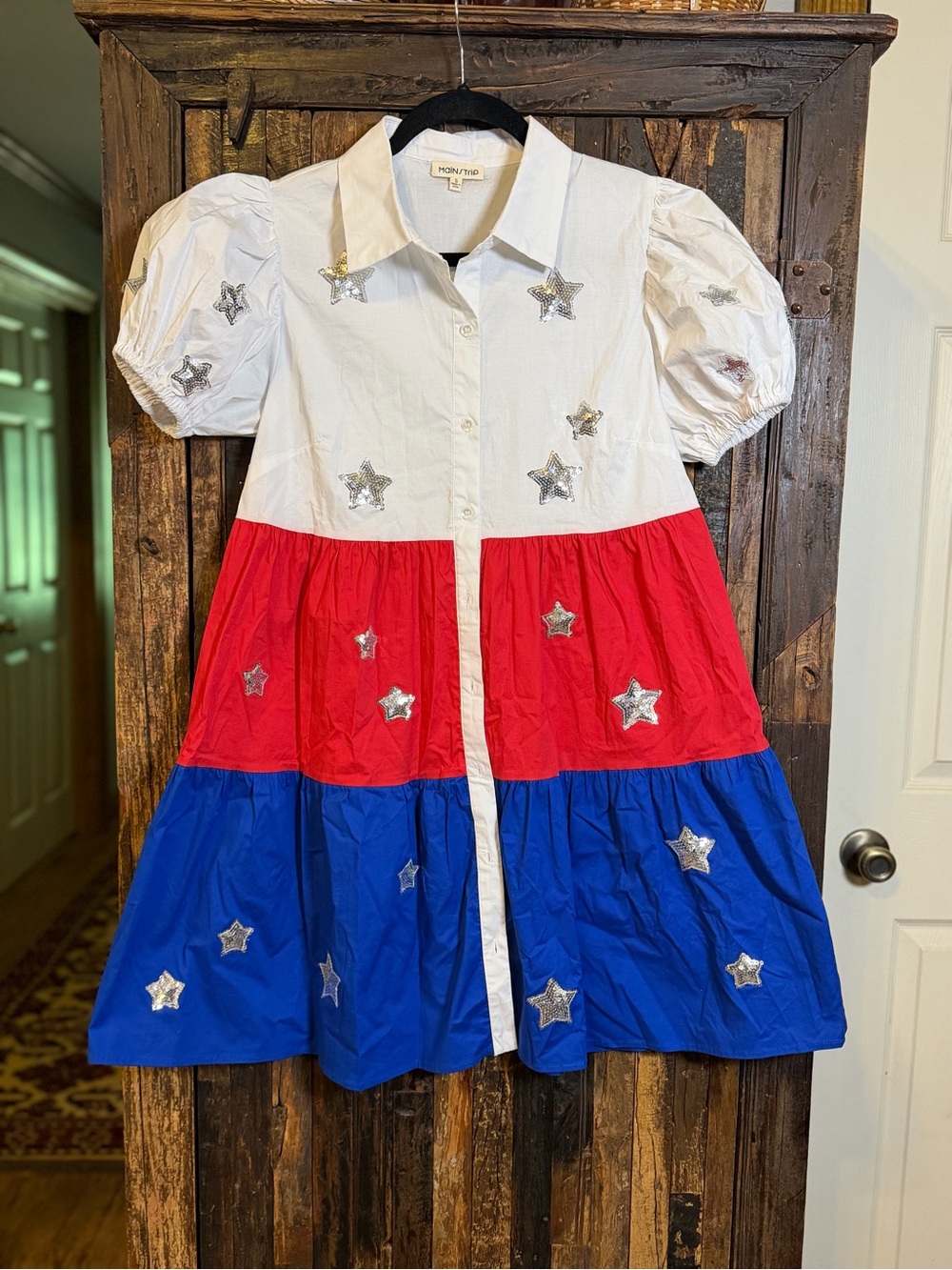Main Strip Patriotic Shirt Dress S Red White Blue Sequin Stars Puff sleeve Rodeo